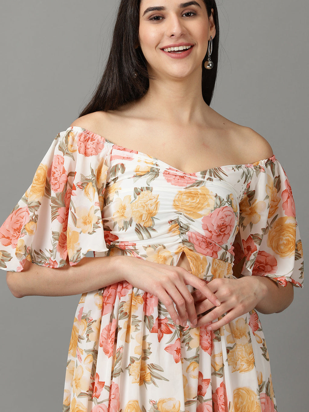 Women's White Off Shoulder Floral Printed Smocked Tiered Chiffon Maxi Dress