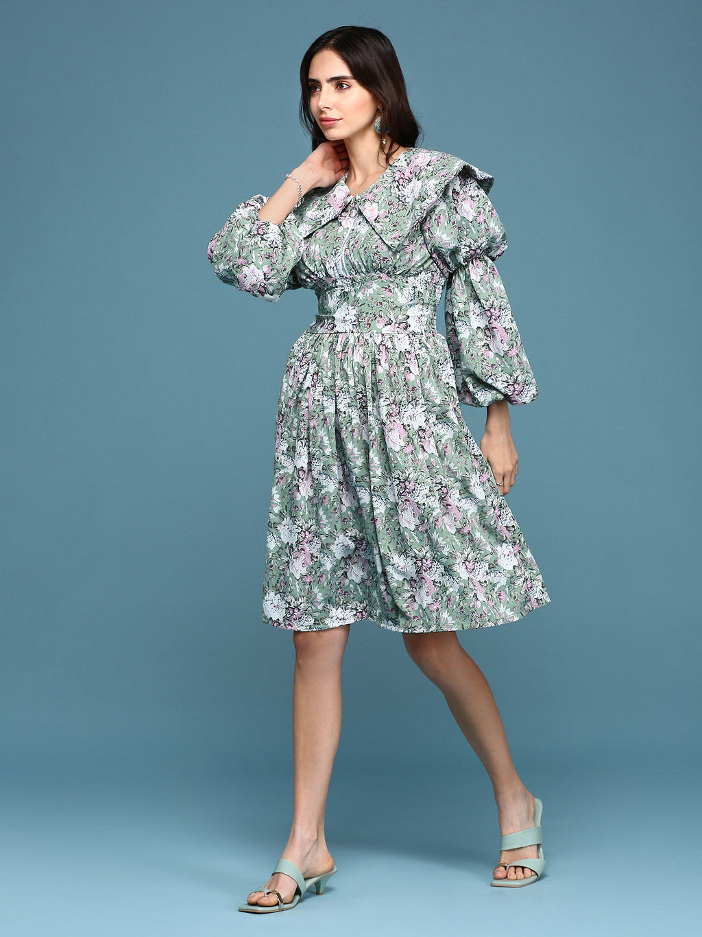 Women's Sea Green Floral Printed Puff Sleeves Gathered Fit & Flare Dress