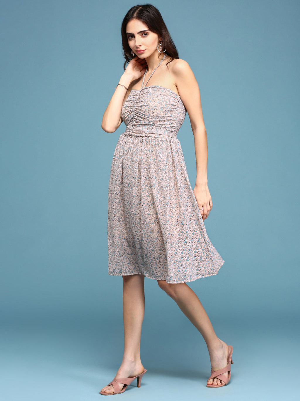 Women's Peach Floral Printed Gathered Ruched Fit & Flare Dress
