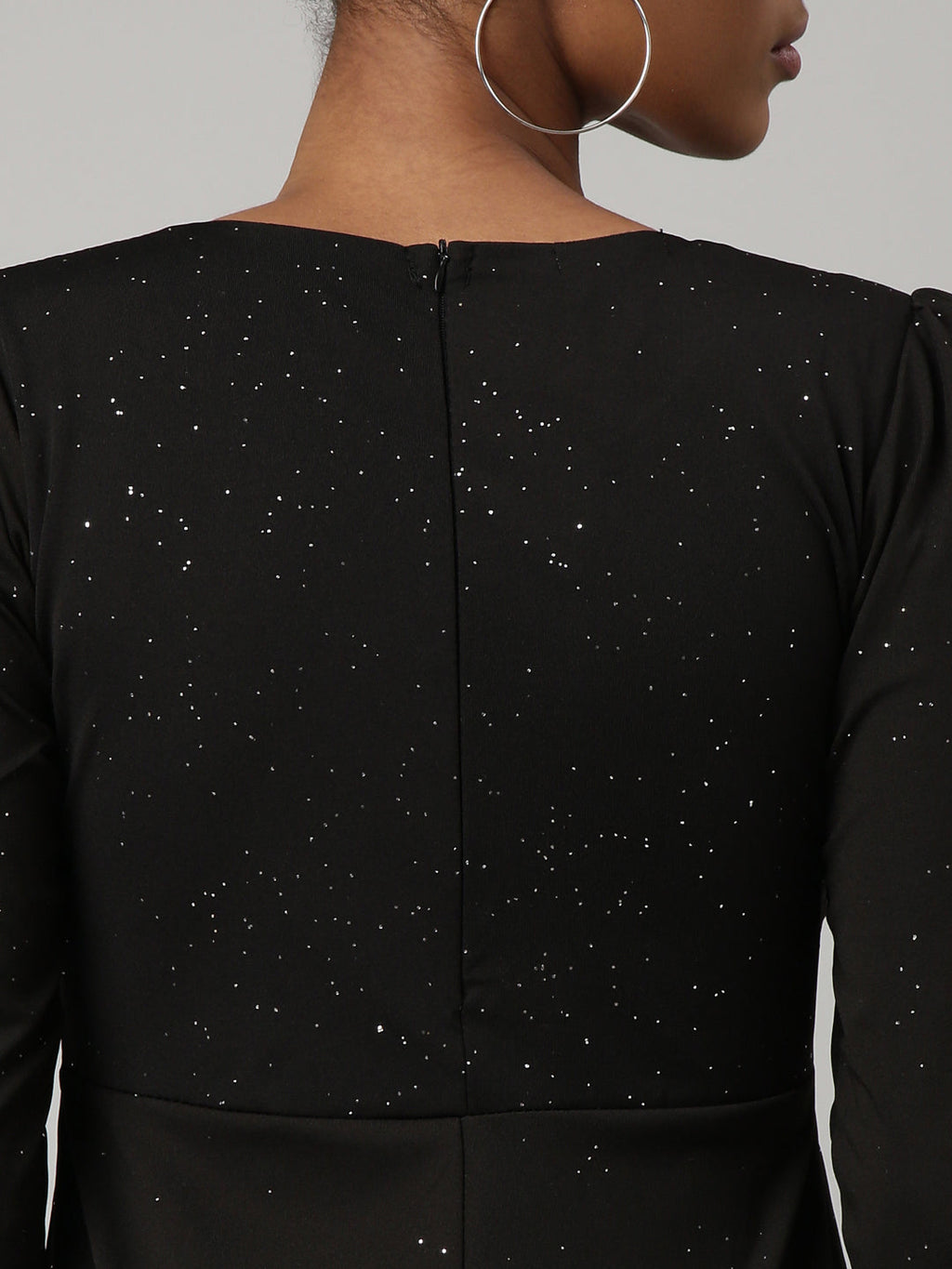 Women's Black Round Neck Regular Sleeves Bling & Sparkly Belted A-Line Dress