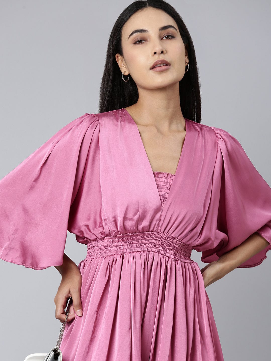 Women's Pink Puff Sleeve Satin Fit & Flare Midi Dress