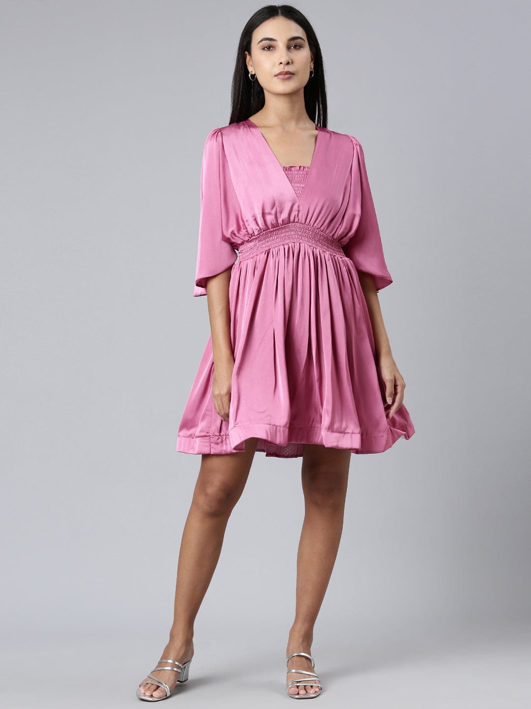Women's Pink Puff Sleeve Satin Fit & Flare Midi Dress