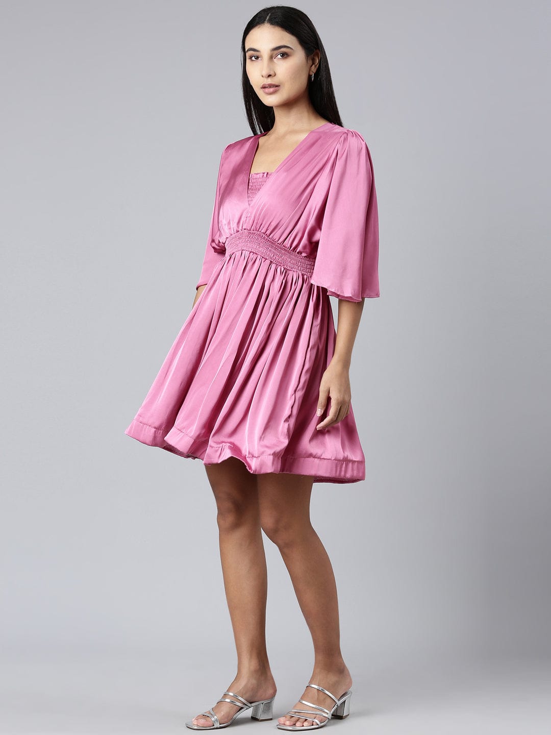 Women's Pink Puff Sleeve Satin Fit & Flare Midi Dress