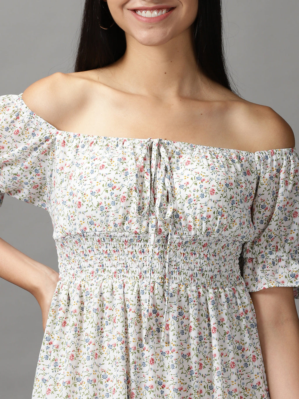 Women's White Floral Off-Shoulder Fit & Flare Dress