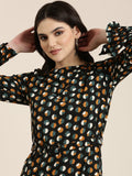 Women's Black Polka Dot Print Crepe A-Line Dress