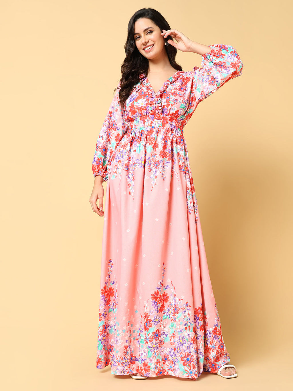 Women's Pink Floral Printed Puff Sleeve Ruffled Fit & Flare Maxi Dress