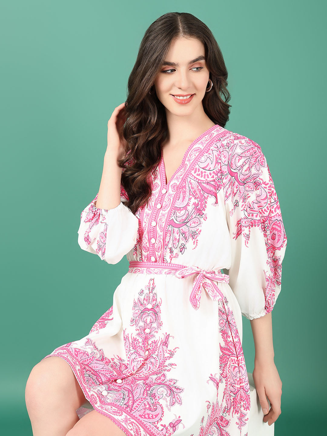 Women's Pink Ethnic Print Puff Sleeve Chiffon Fit & Flare Mini Dress