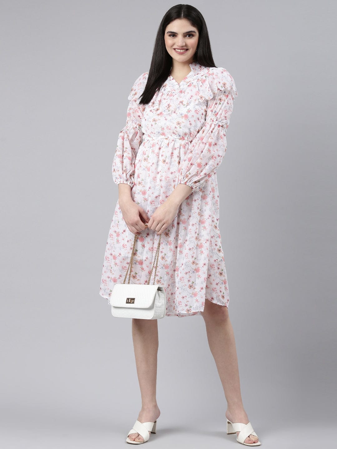 Women's White Floral Print Mandarin Collar Ruffled Fit & Flare Dress