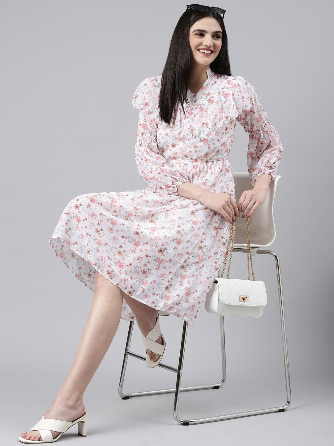 Women's White Floral Print Mandarin Collar Ruffled Fit & Flare Dress