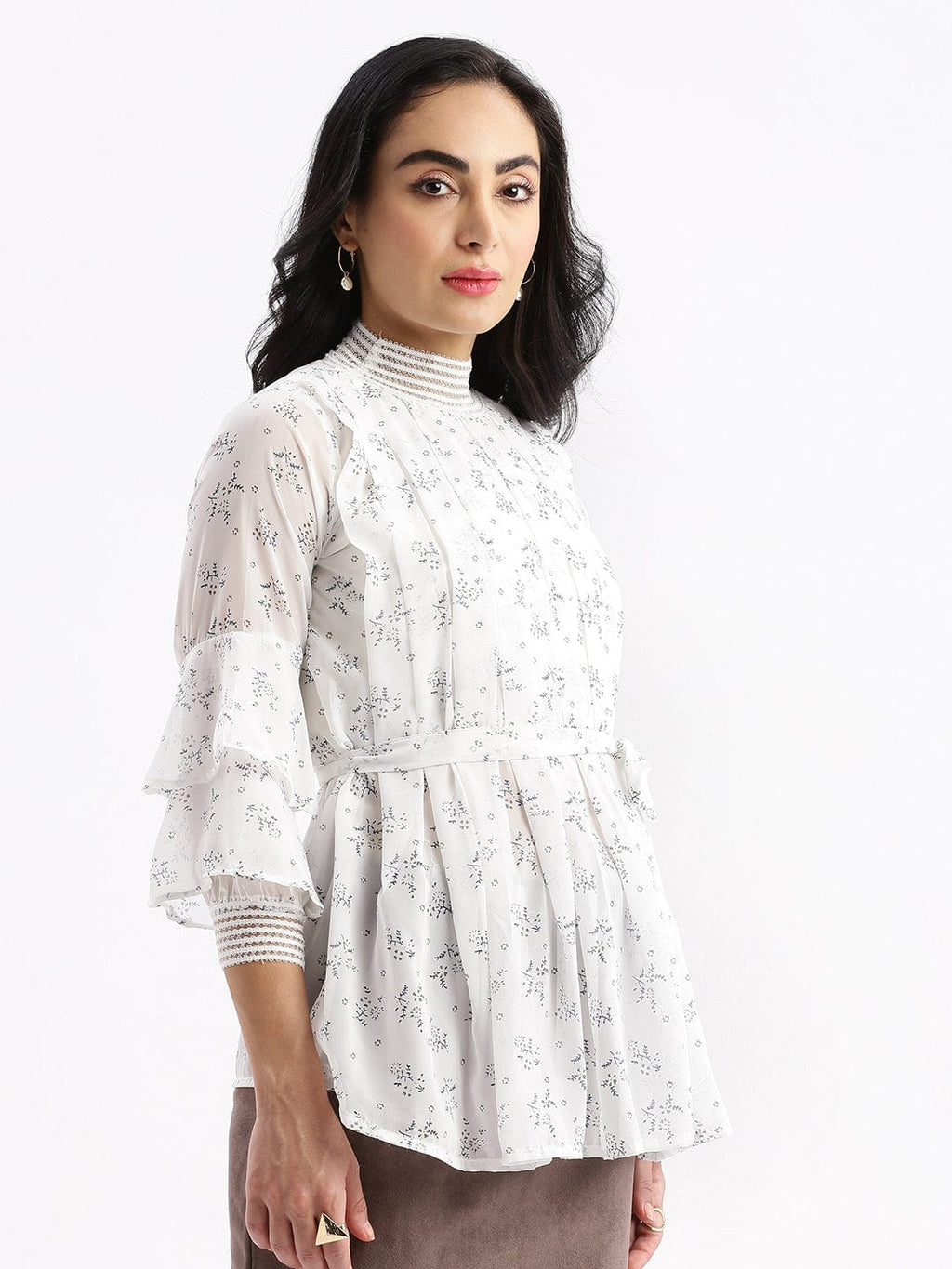 Women's White Self Design High Neck Synthetic Georgette Top