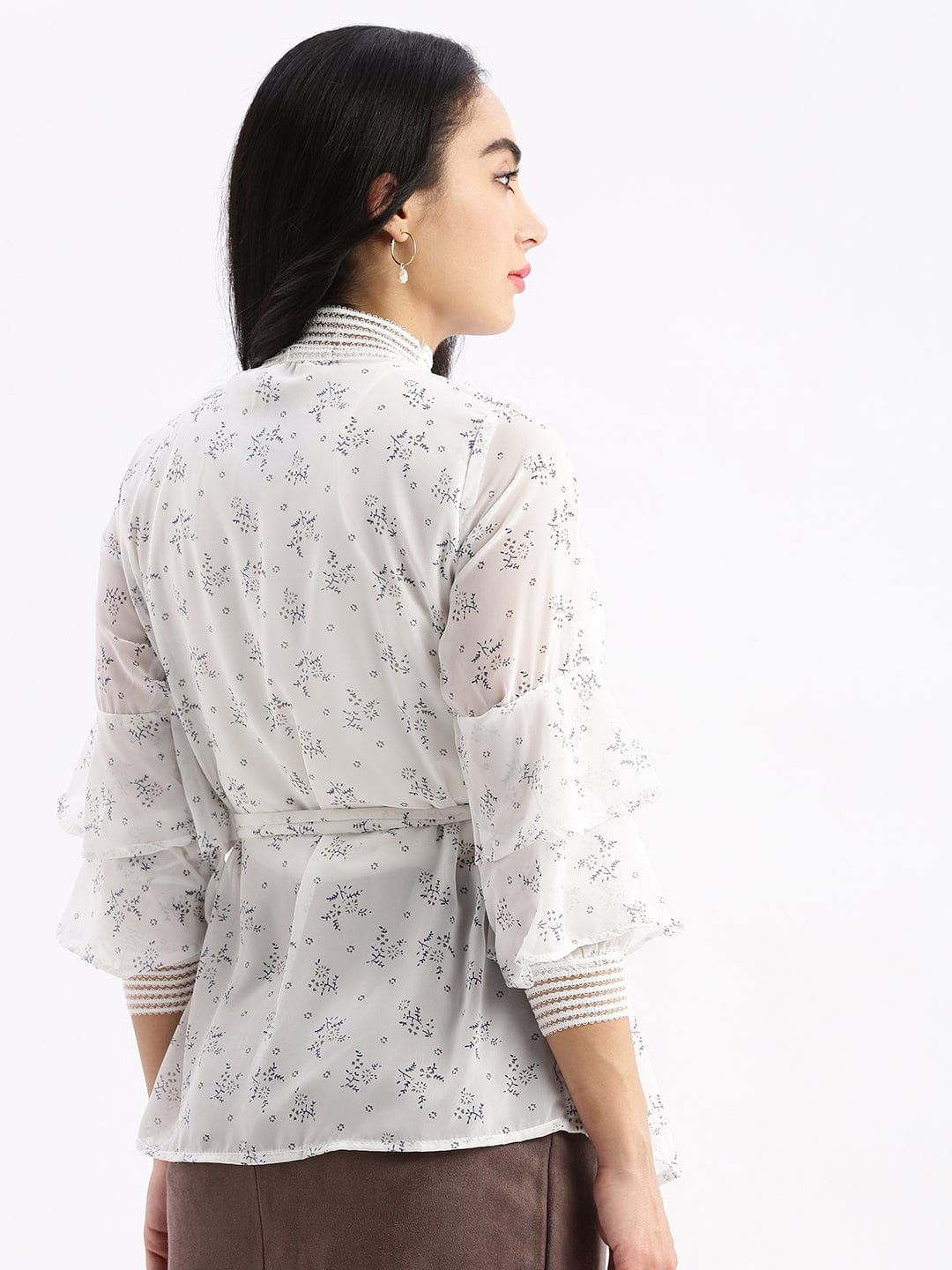 Women's White Self Design High Neck Synthetic Georgette Top