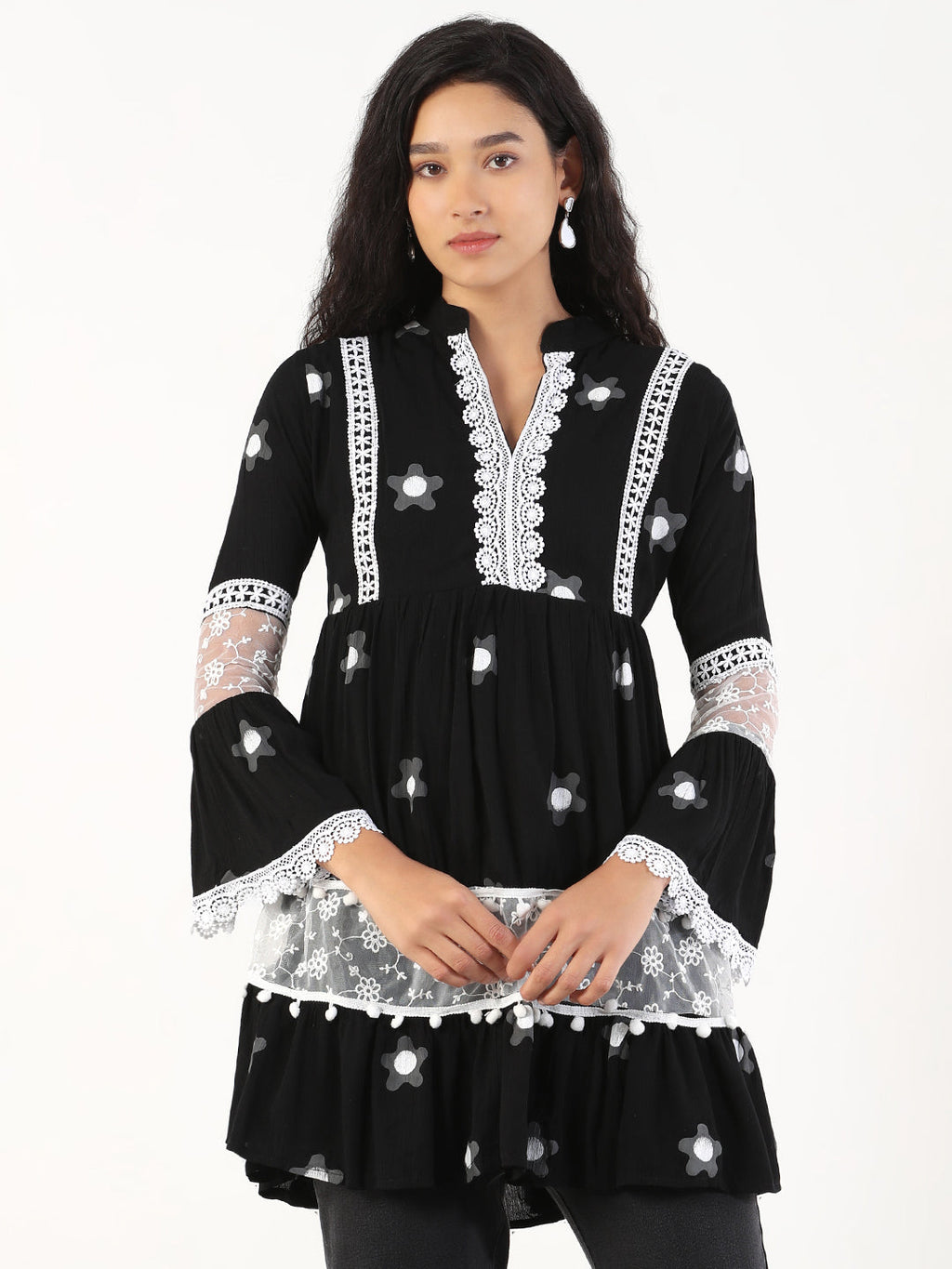 Women's Printed Black Longline Top