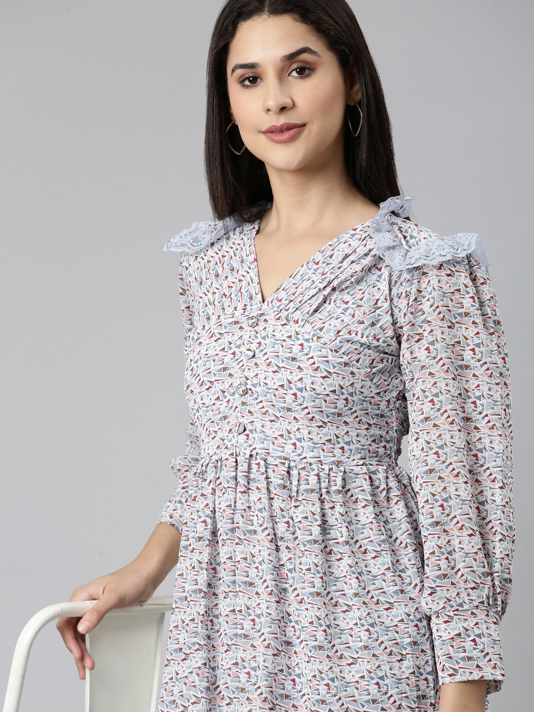 Women's Blue Geometric Printed Puff Sleeve V-Neck Fit & Flare Dress