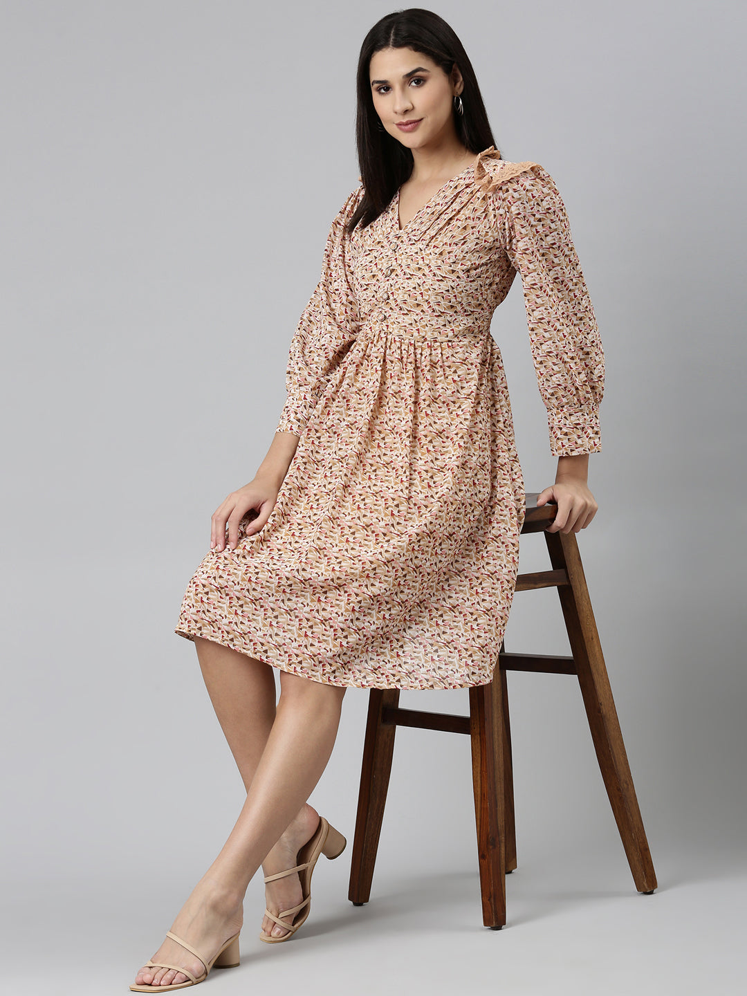 Women's Khaki Geometric Printed Fit & Flare Dress