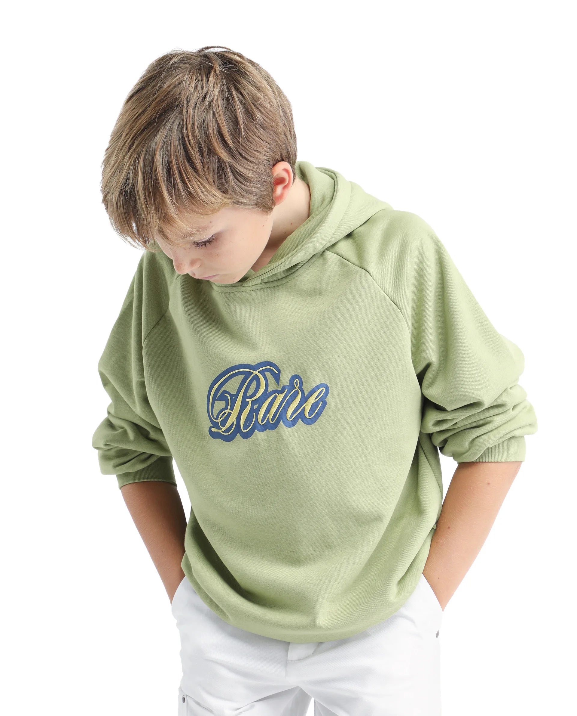 Rare Ones Kids Huck Light Green Cotton Pull On Hooded Neck Full Sleeves Fit Sweatshirt