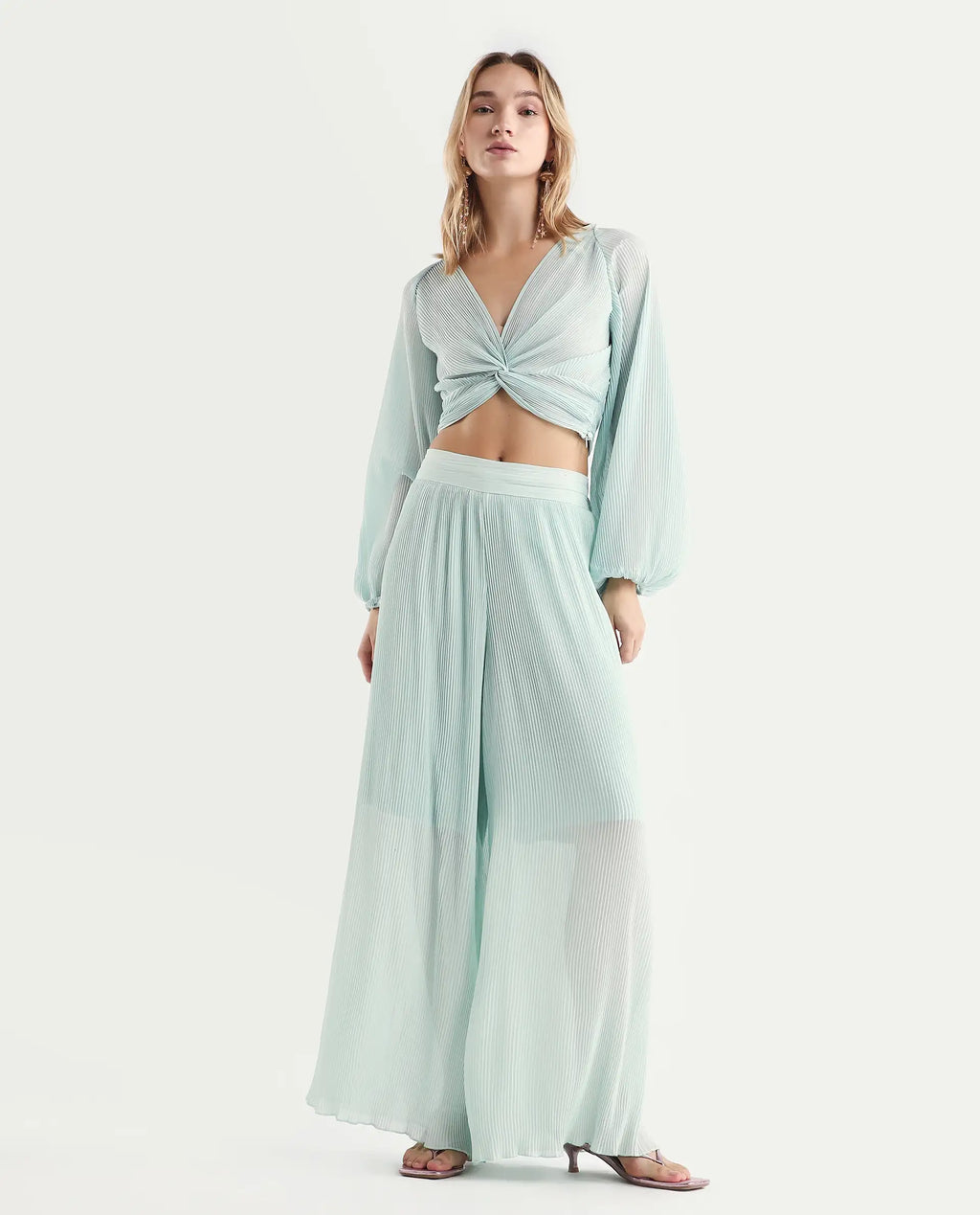 Rareism Women's Humphre-B Pastel Green Polyester Plain Ankle Length Flared Trouser