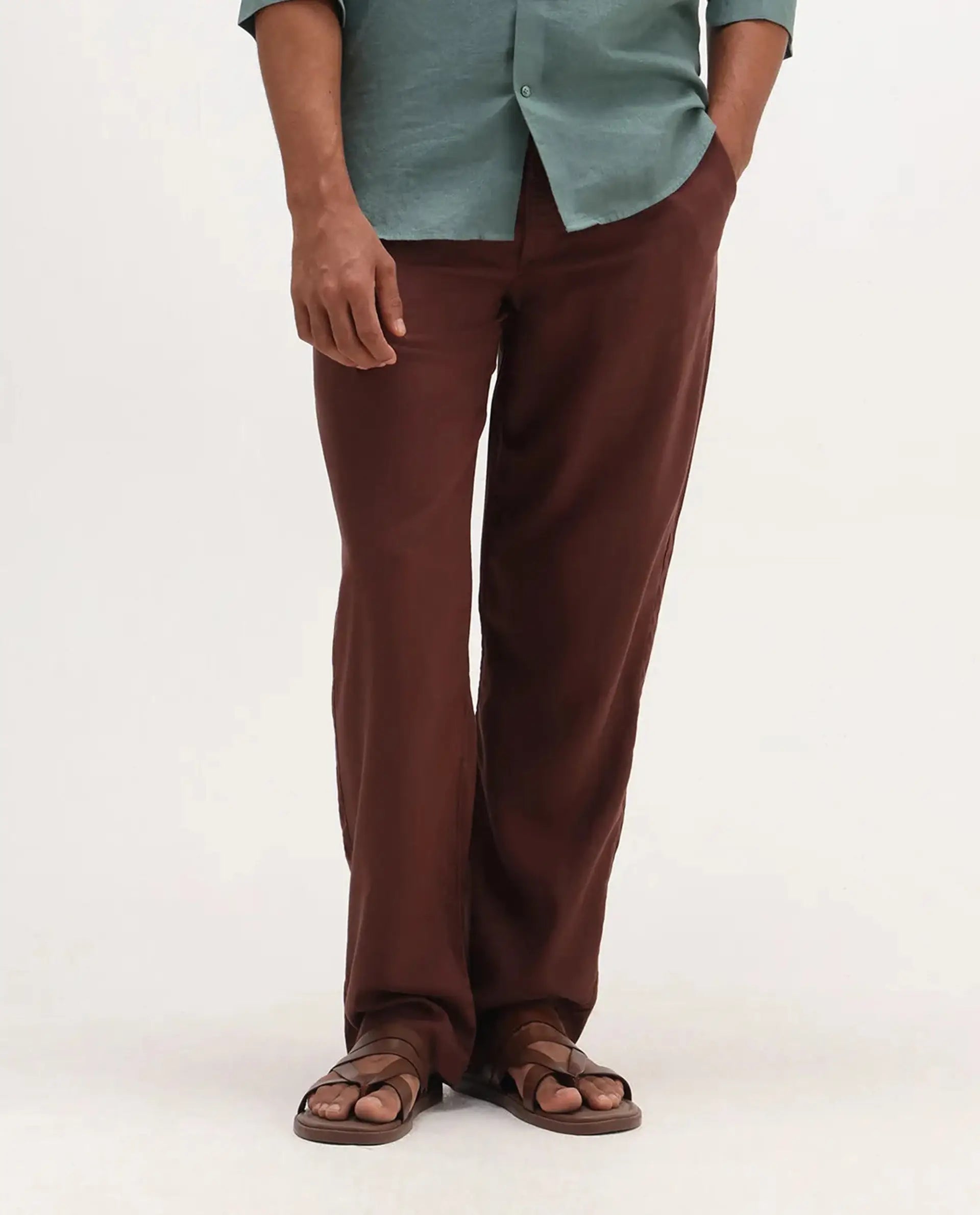 Rare Rabbit Men's Coft-B Brown Linen Blend Plain Loose Fit Trouser