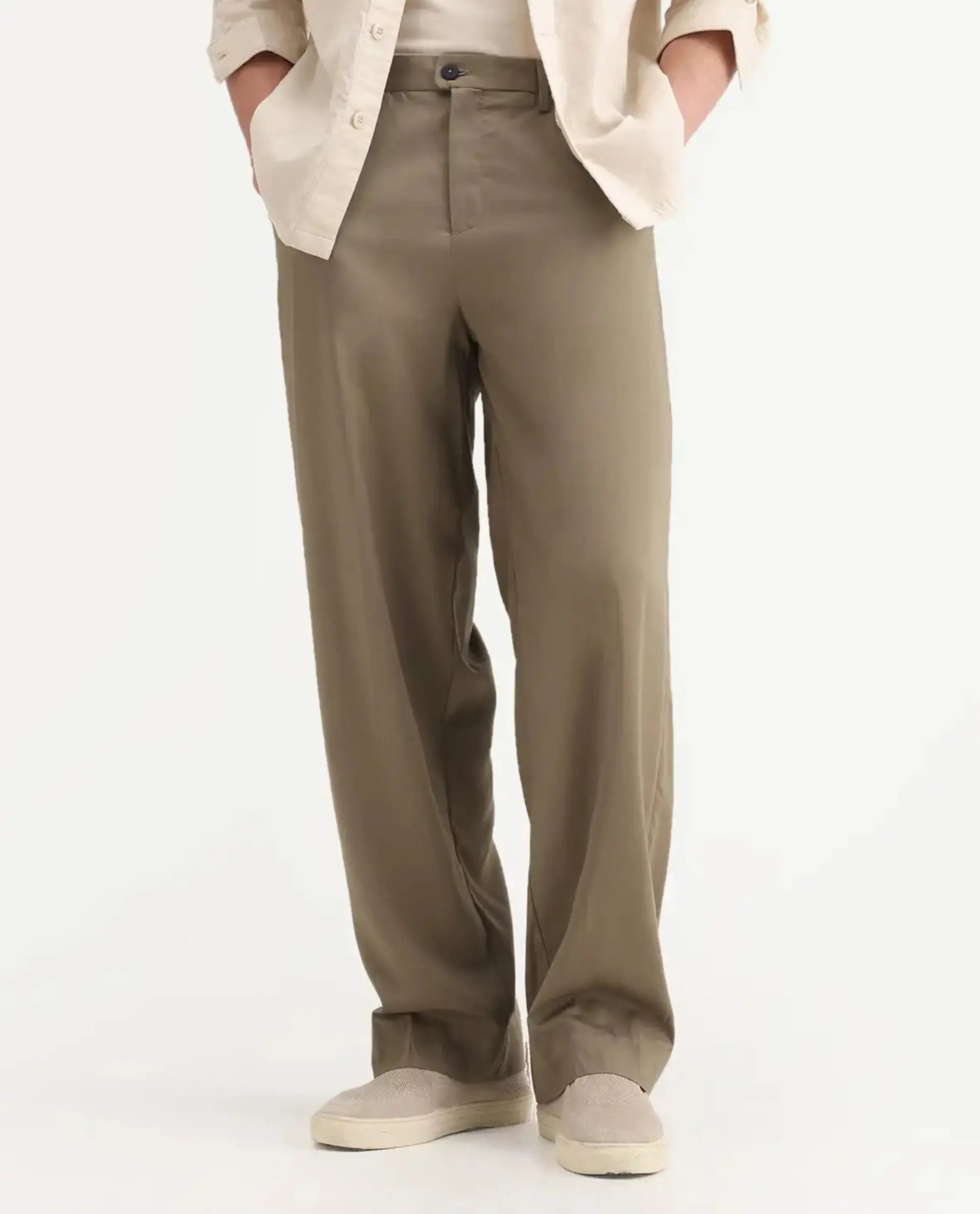 Rare Rabbit Men's Essot Khaki Cotton Blend Plain Baggy Fit Trouser