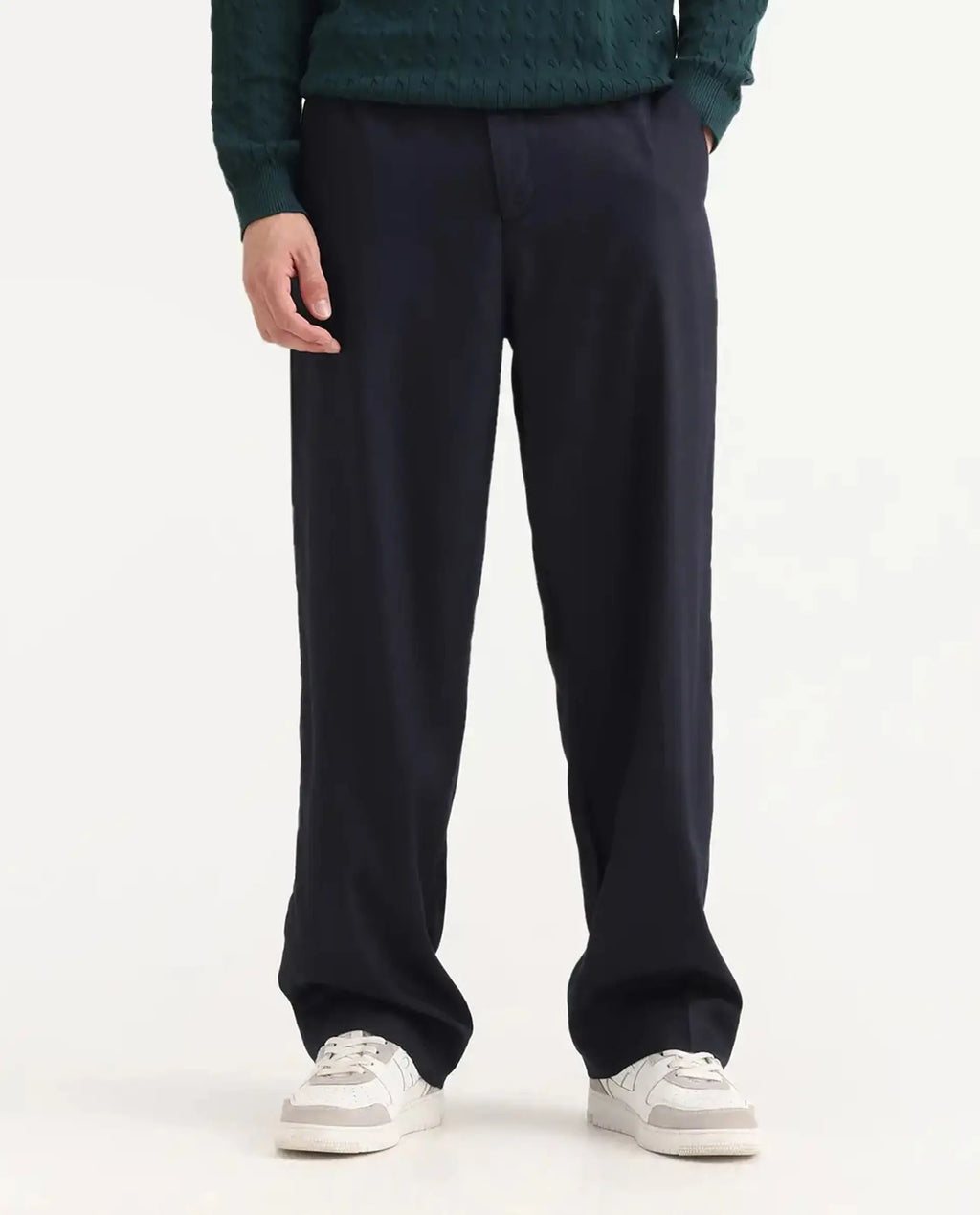 Rare Rabbit Men's Essot Navy Cotton Blend Plain Baggy Fit Trouser