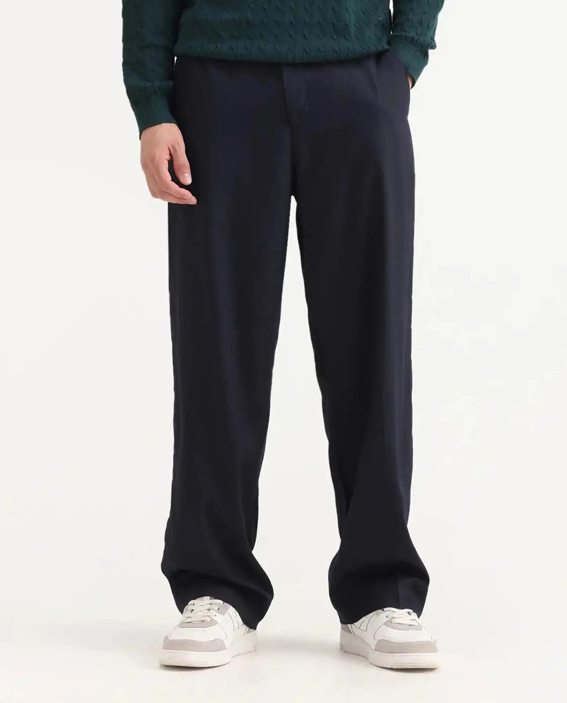 Rare Rabbit Men's Essot Navy Cotton Blend Plain Baggy Fit Trouser