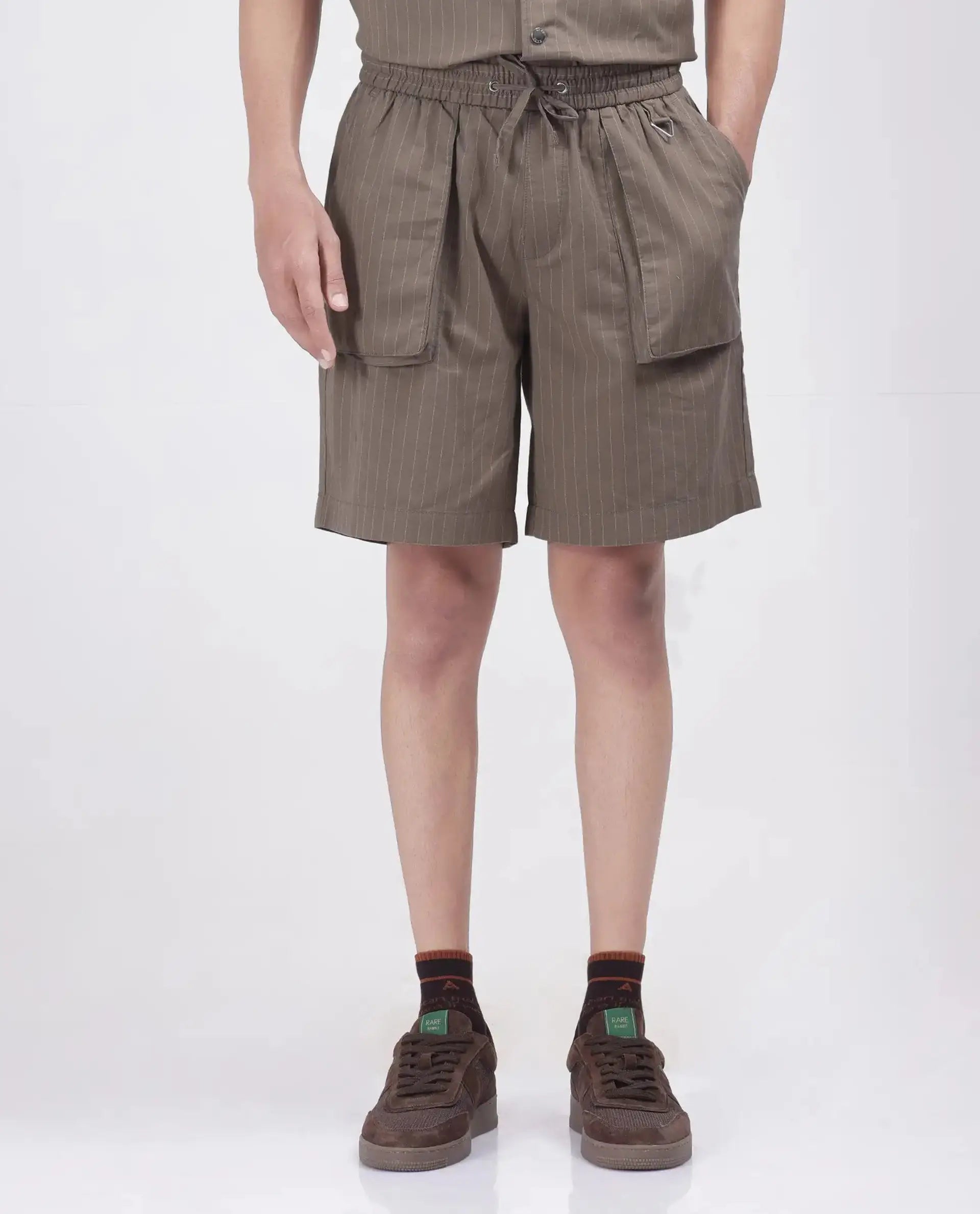 Rare Rabbit Men's Habar Beige Cotton Blend Striped Print Oversized Fit Shorts