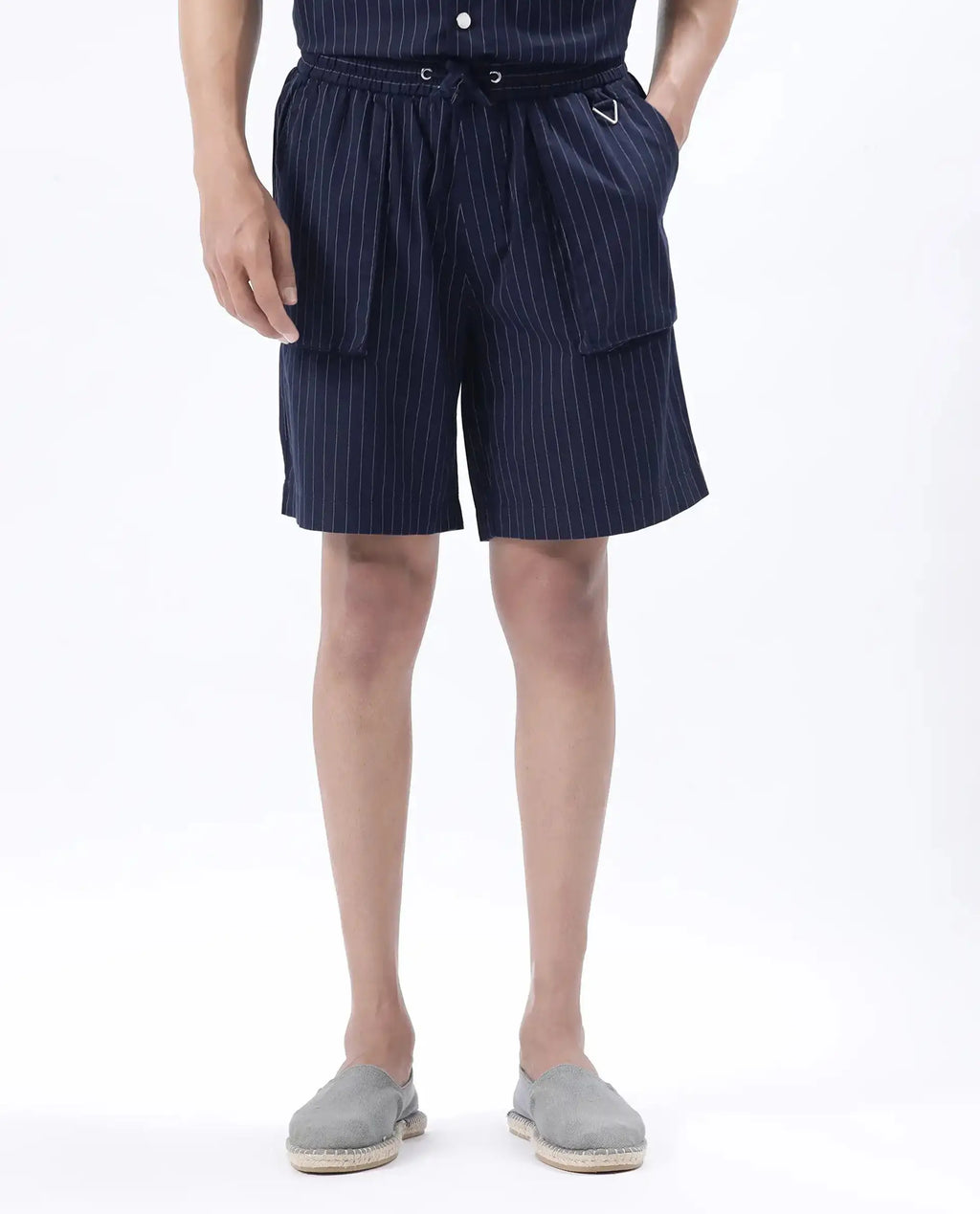 Rare Rabbit Men's Habar Navy Cotton Blend Striped Print Oversized Fit Shorts