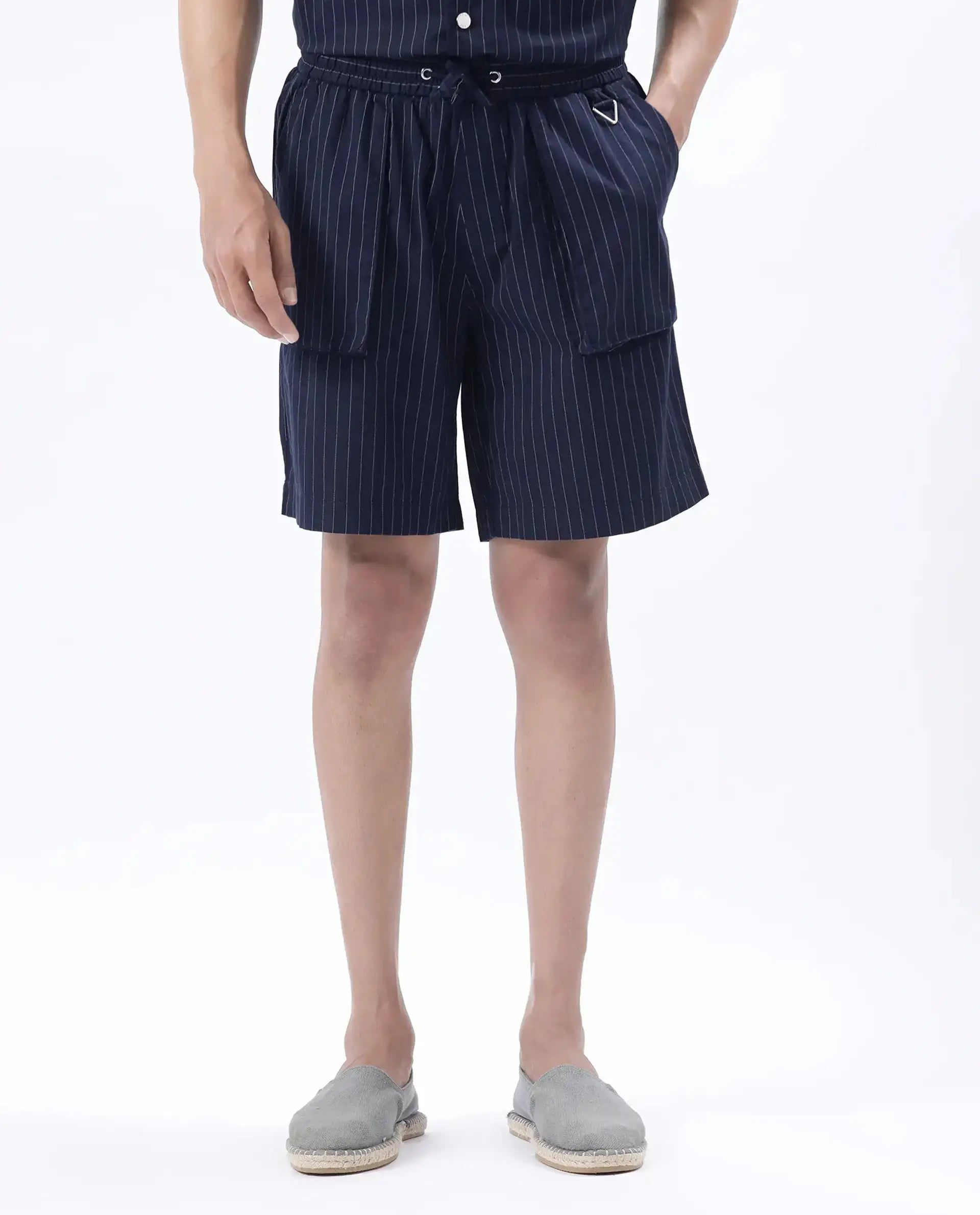 Rare Rabbit Men's Habar Navy Cotton Blend Striped Print Oversized Fit Shorts