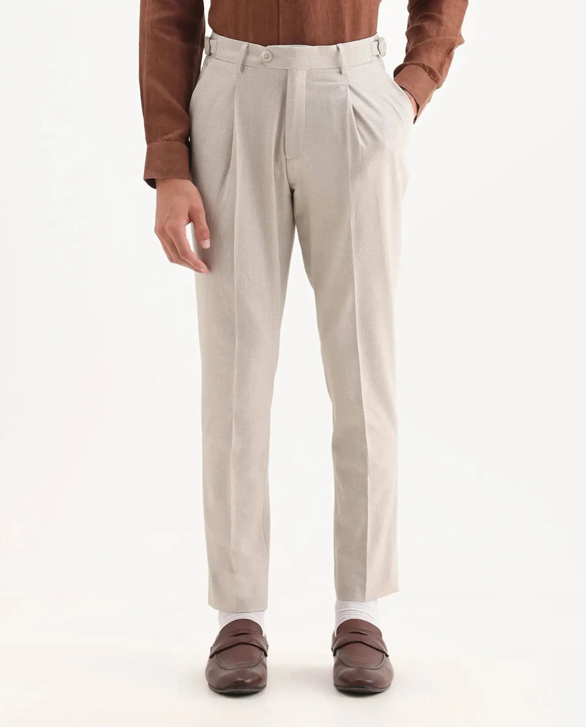 Rare Rabbit Men's Morst Beige Cotton Blend Checked Print Relaxed Fit Trouser