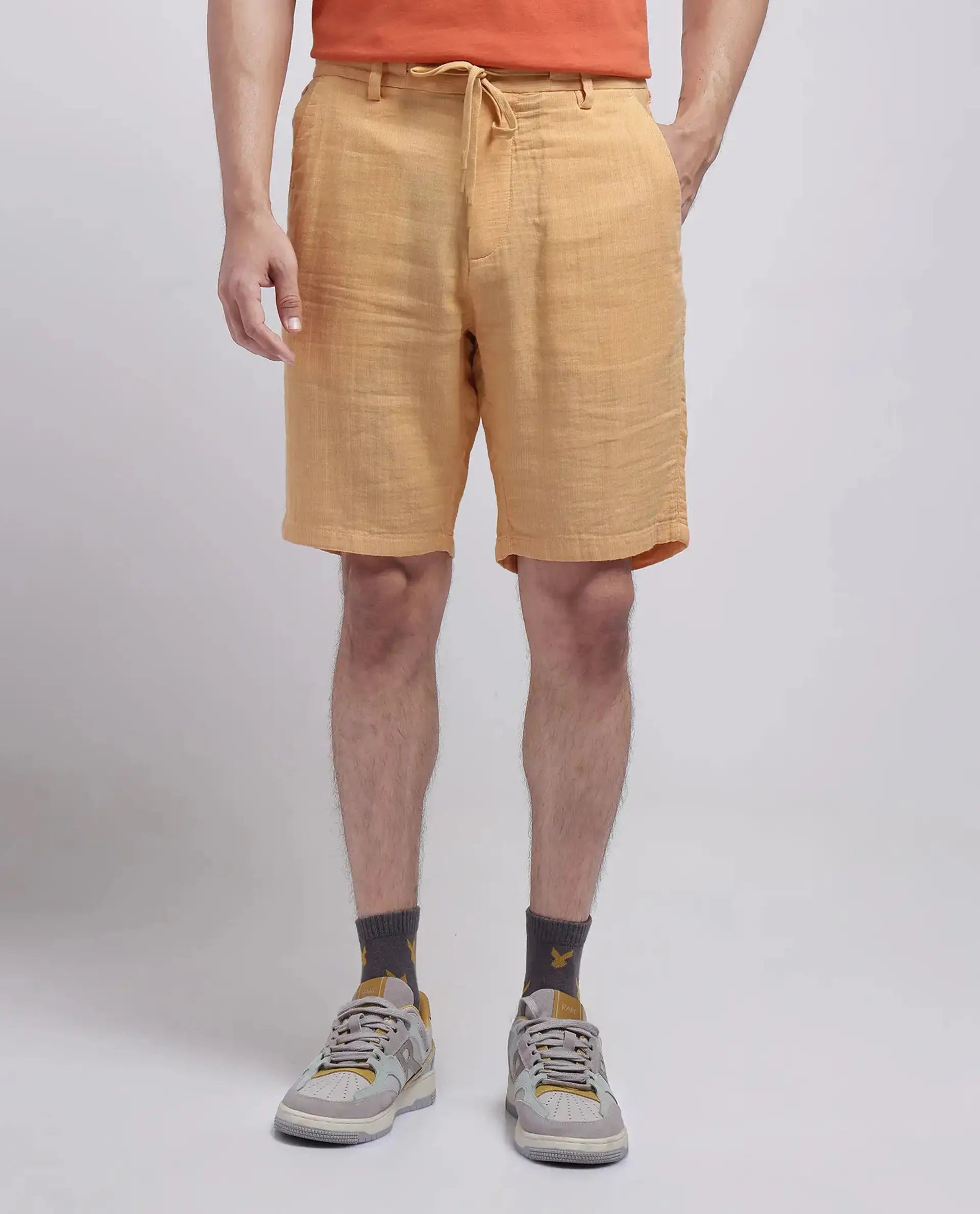 Rare Rabbit Men's Pinto-25 Yellow Cotton Blend Plain Regular Fit Shorts