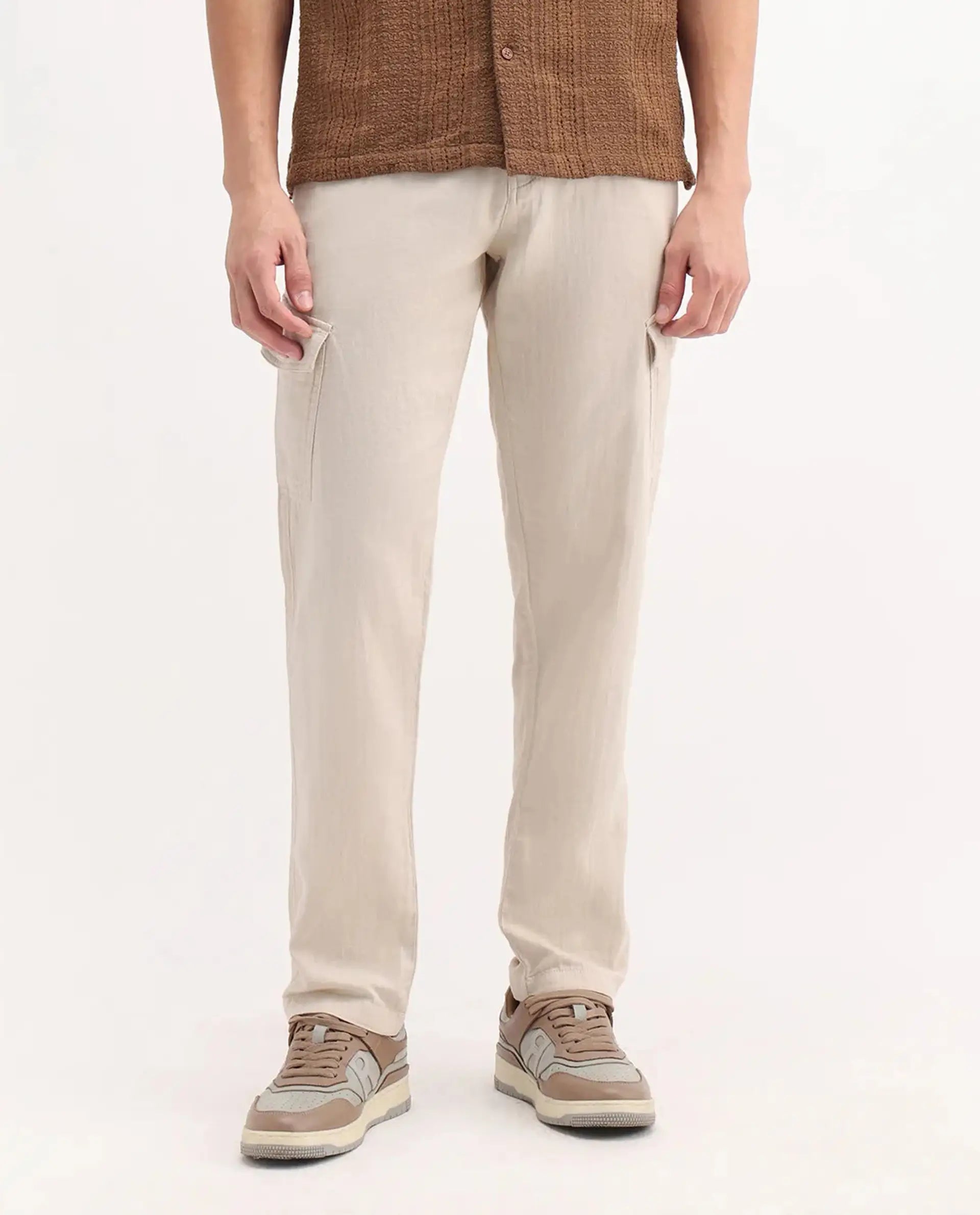 Rare Rabbit Men's Presso-25 Beige Cotton Blend Plain Relaxed Fit Trouser