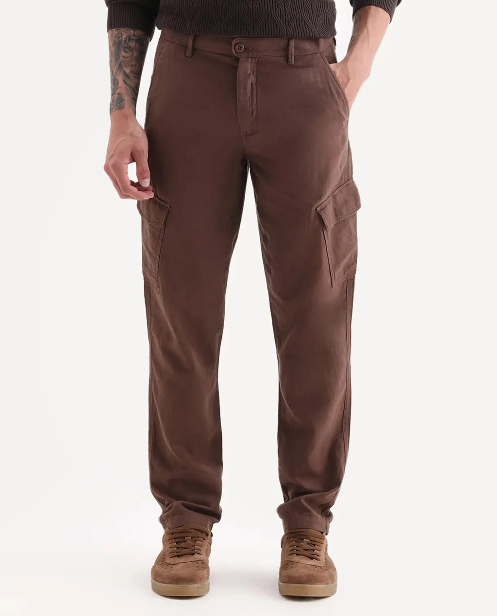Rare Rabbit Men's Presso 25 Dusky Brown Cotton Blend Plain Relaxed Fit Trouser