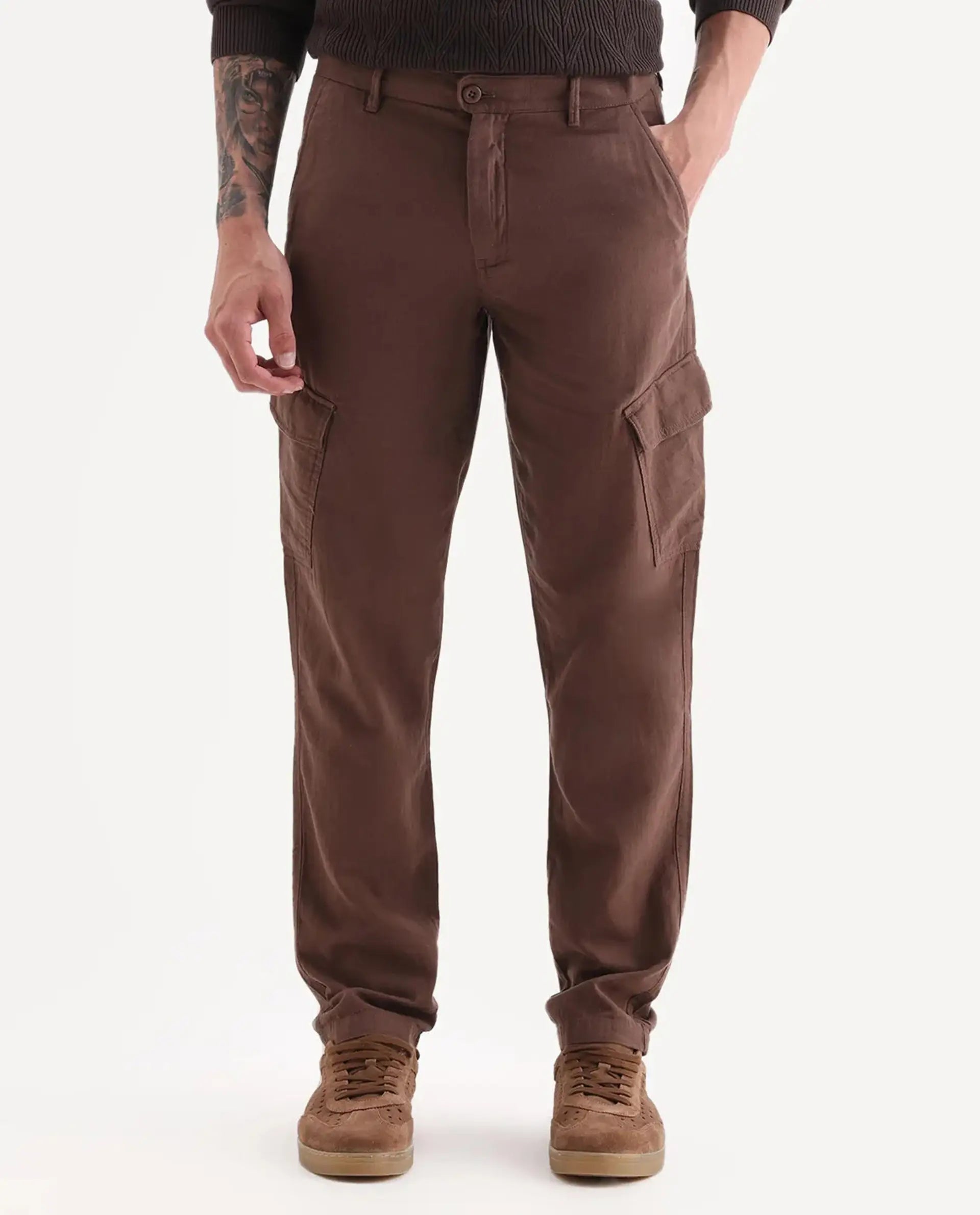 Rare Rabbit Men's Presso 25 Dusky Brown Cotton Blend Plain Relaxed Fit Trouser