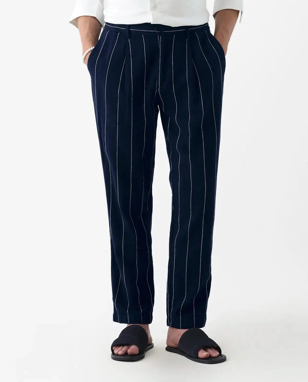 Rare Rabbit Men's Stet Navy Linen Blend Striped Print Relaxed Fit Trouser