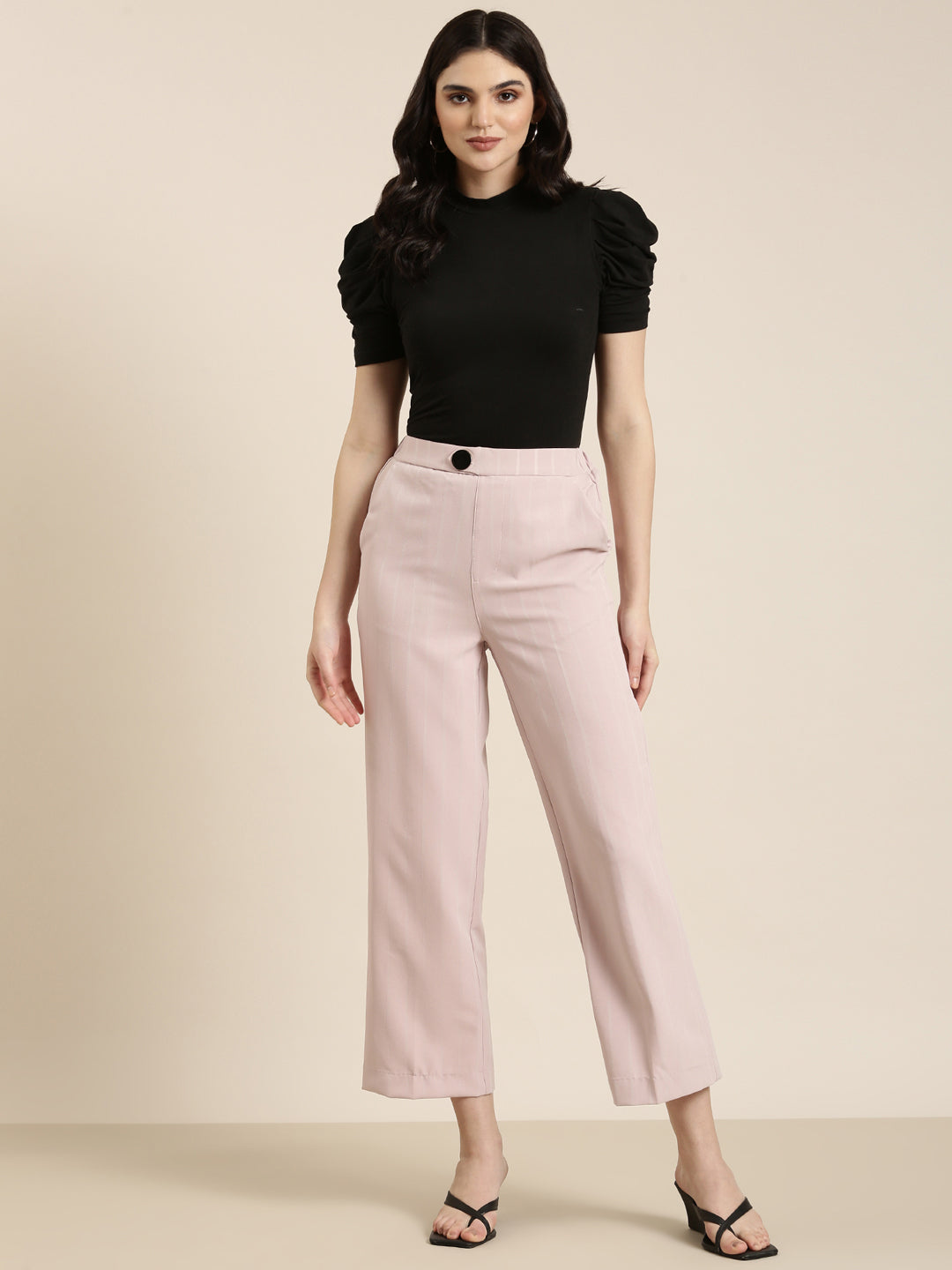 Women's Pink Relaxed Loose Fit High-Rise Trousers