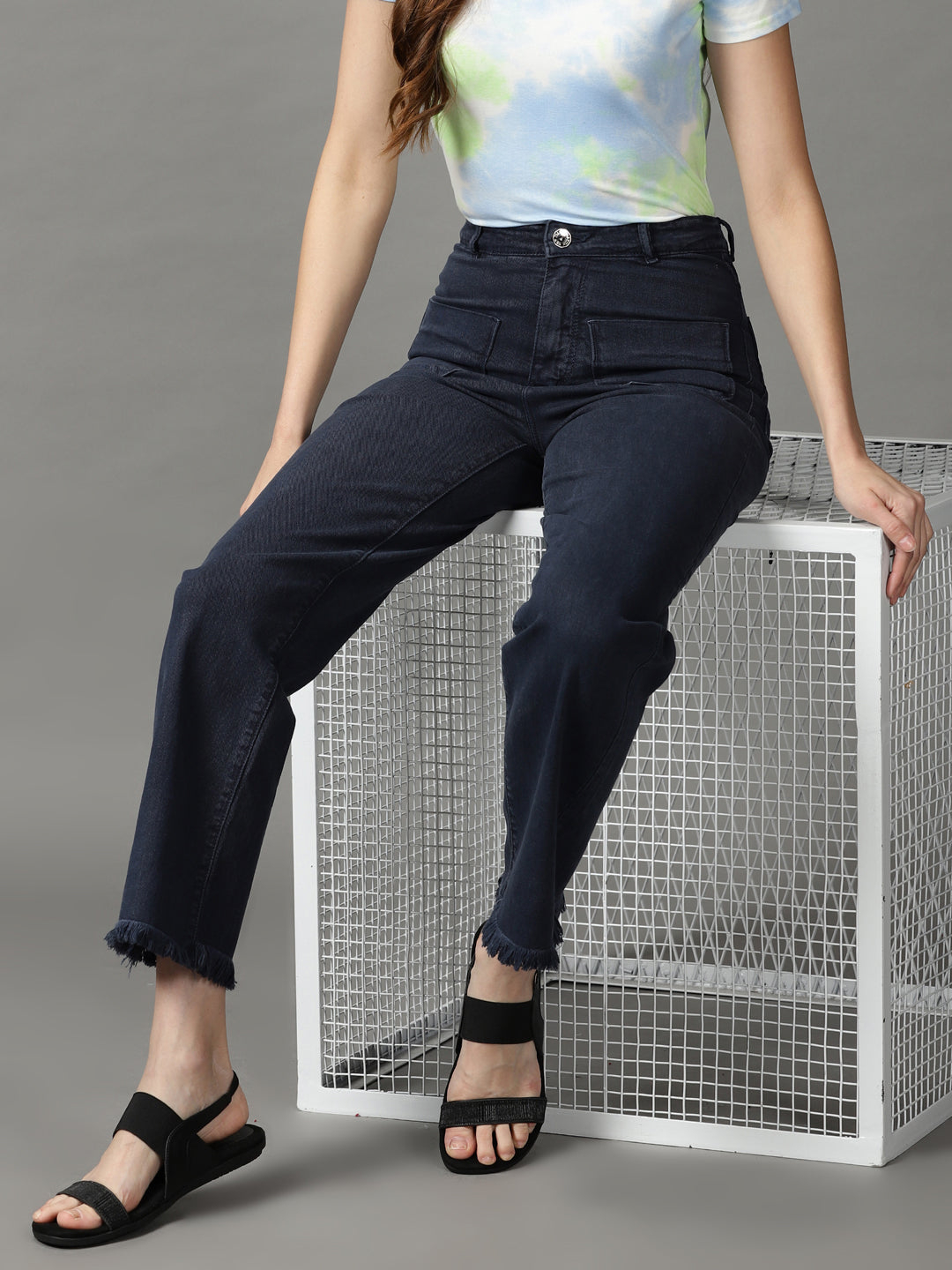 Women's Navy Blue Clean Look Wide Leg High-Rise Stretchable Jeans