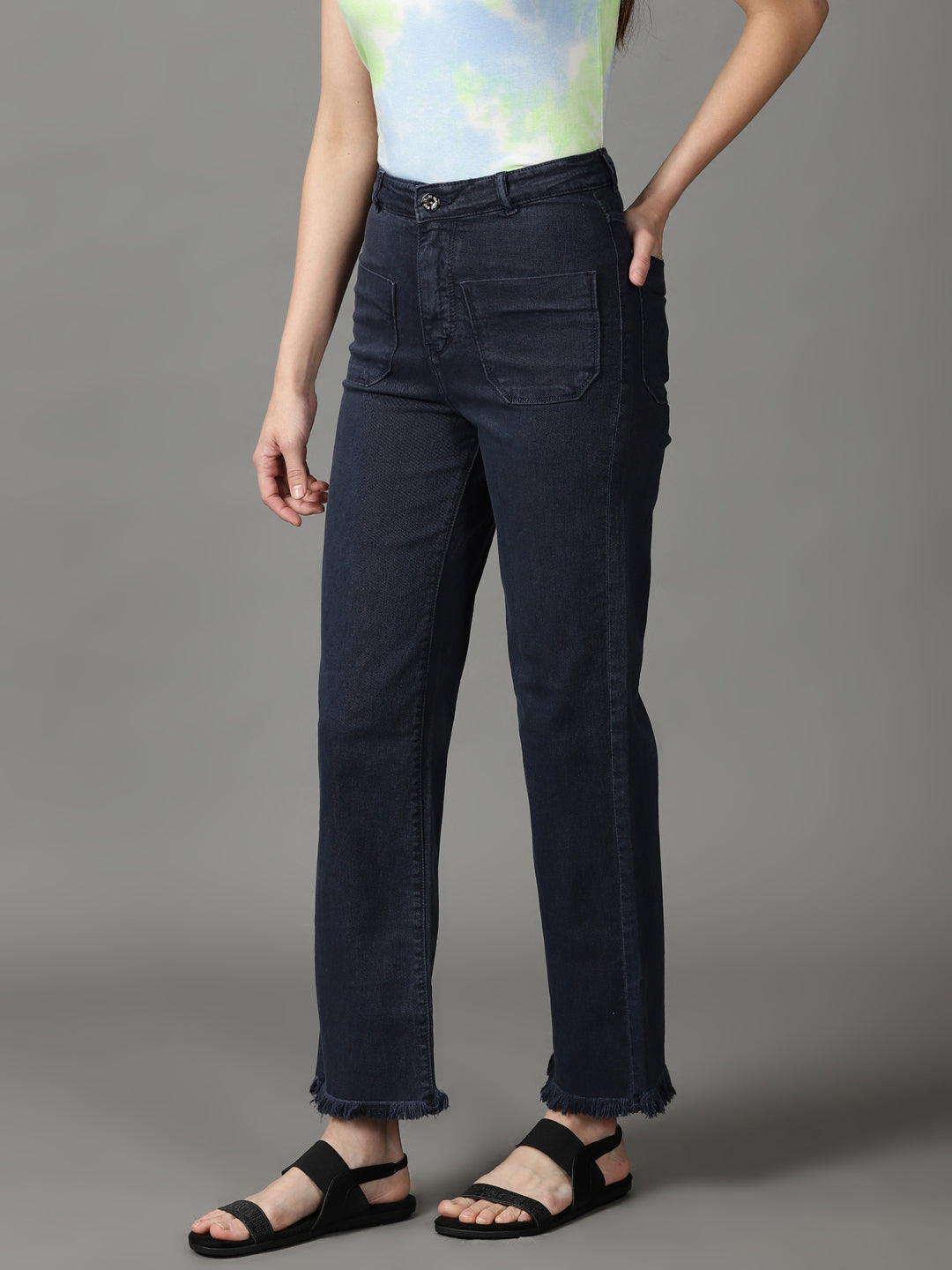Women's Navy Blue Clean Look Wide Leg High-Rise Stretchable Jeans