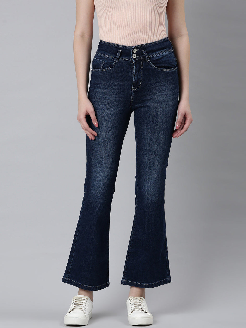 Women's Navy Blue Flared Mid-Rise Light Fade Cropped Denim Jeans