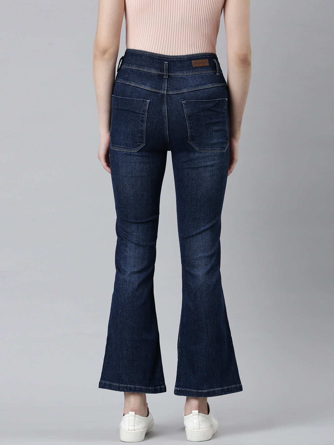 Women's Navy Blue Flared Mid-Rise Light Fade Cropped Denim Jeans