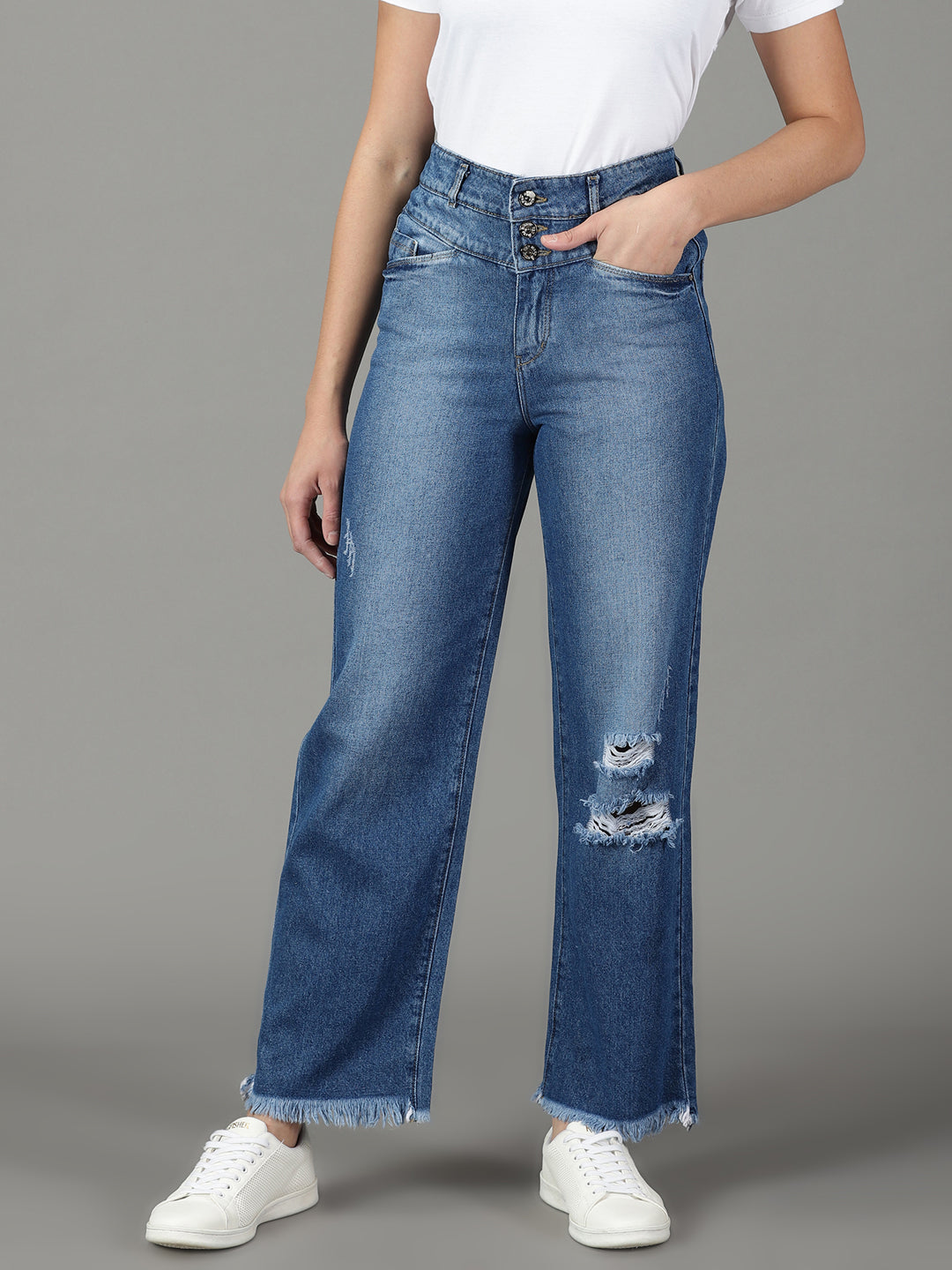 Women's Blue Cotton Straight Fit High-Rise Mildly Distressed Jeans