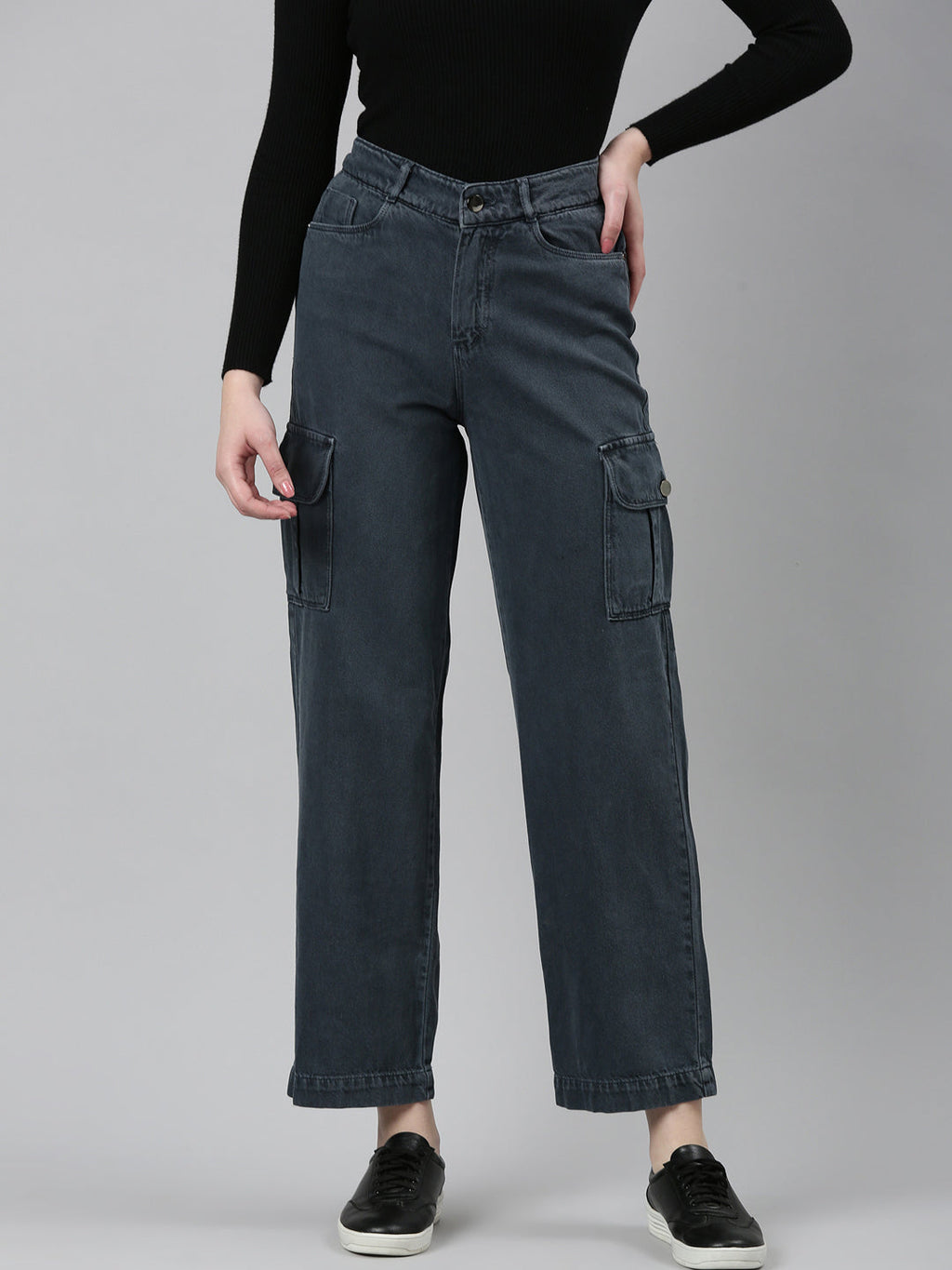 Women's Grey High-Rise Cotton Wide Leg Denim Jeans