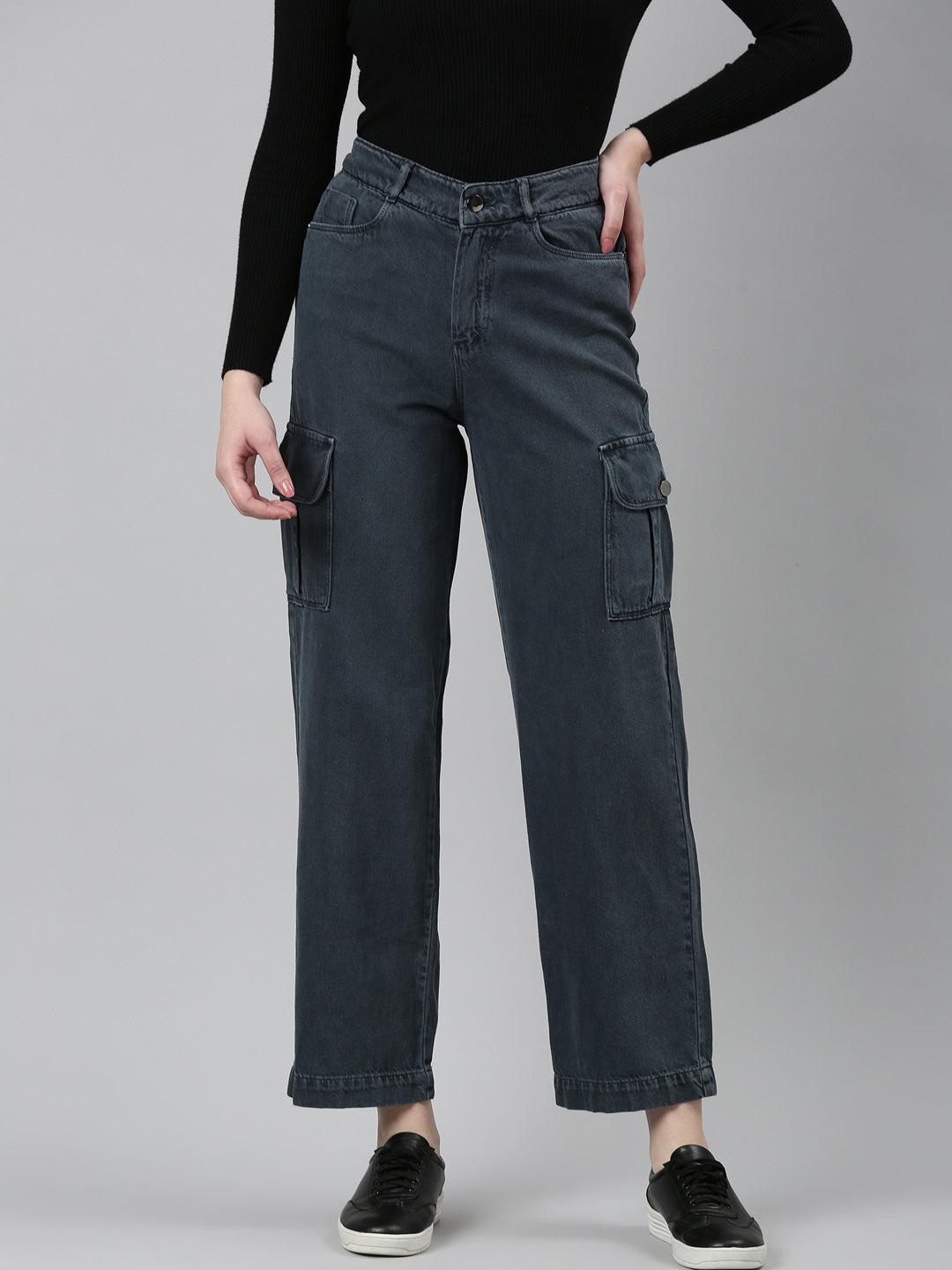 Women's Grey High-Rise Cotton Wide Leg Denim Jeans