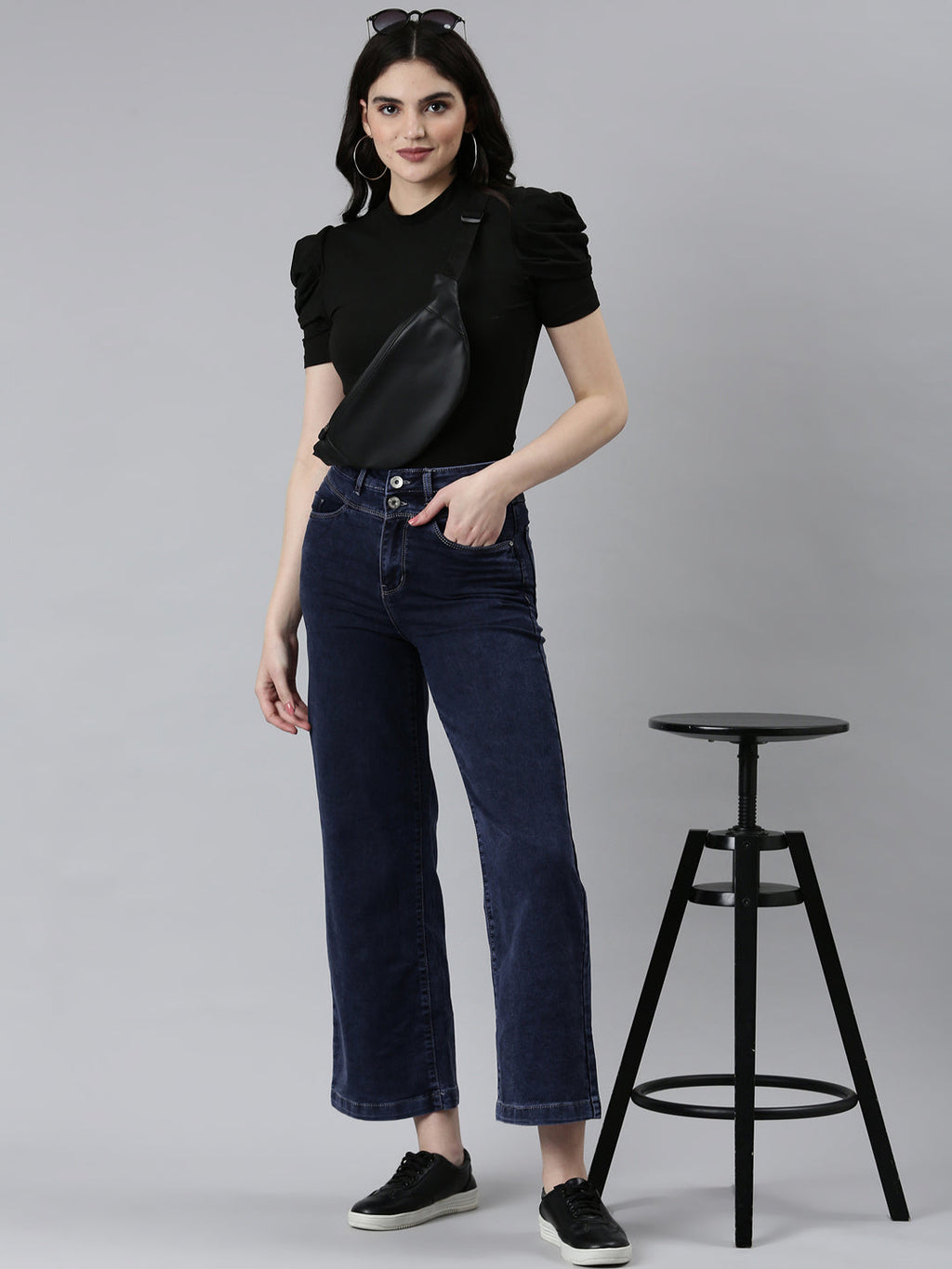 Women's Navy Blue Mid Rise Jean Mom Fit Retro Denim Jeans