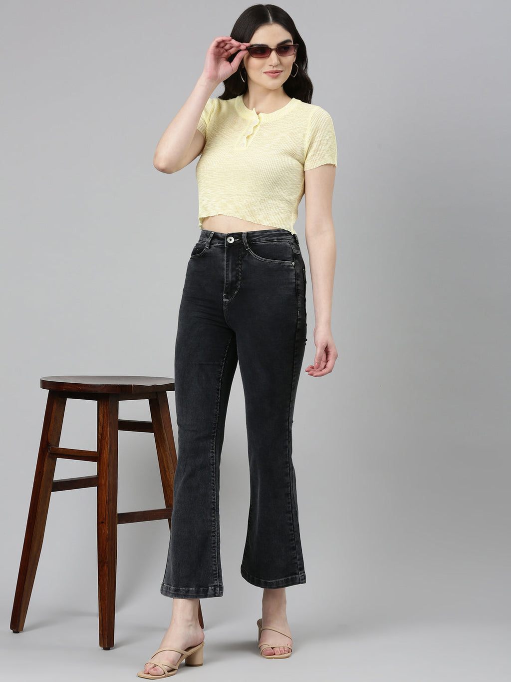 Women's Black Flared Fit High-Raise Denim Jeans