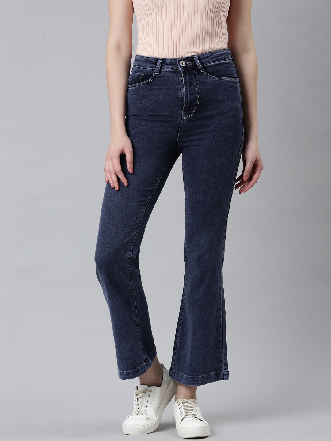 Women's Navy Blue Mid Rise Flared Clean Look Denim Jeans