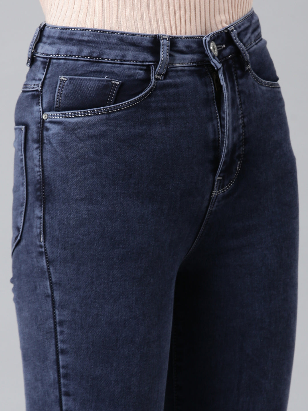Women's Navy Blue Mid Rise Flared Clean Look Denim Jeans