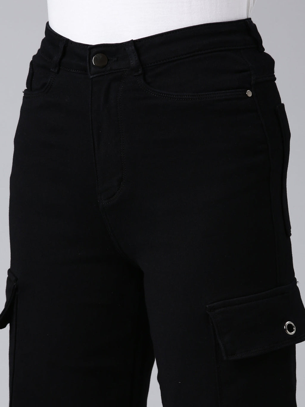 Women's Black Wide Leg Acid Wash Denim Cargo Jeans