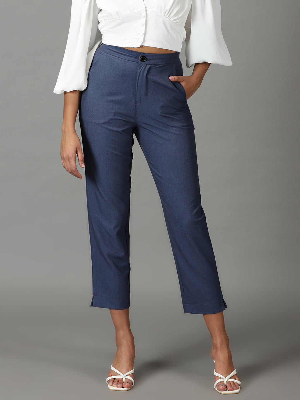 Women's Blue Mom Fit Cotton Formal Trousers