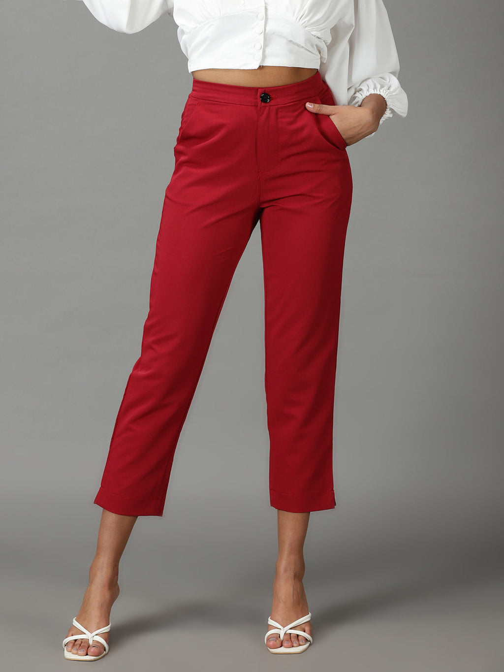 Women's Maroon Mom Fit Cotton Formal Trousers