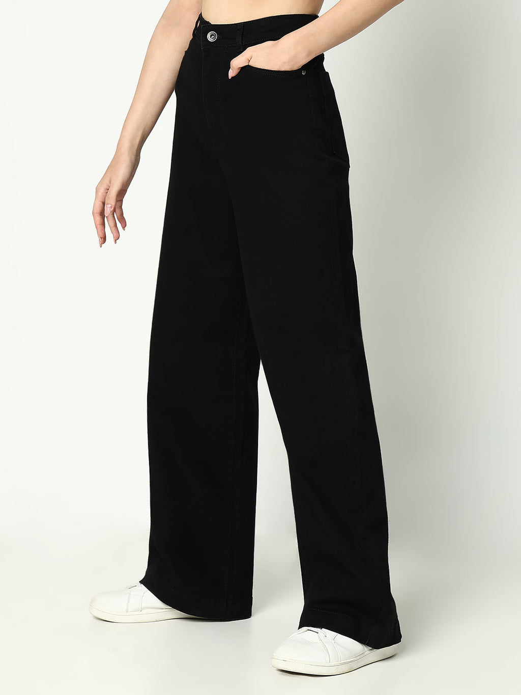 Women's Black Cotton Comfort Wide Leg Mid-Rise Jeans