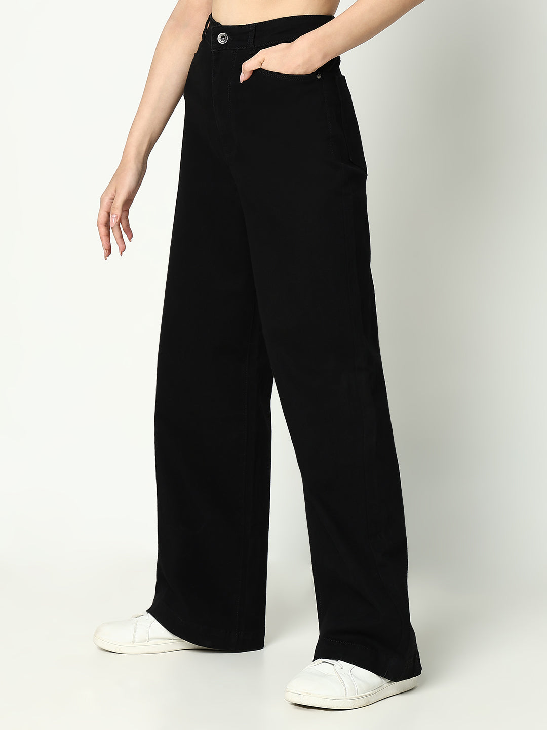 Women's Black Cotton Comfort Wide Leg Mid-Rise Jeans